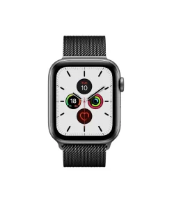 Space grey Apple Watch with black Milanese loop mesh band and white dial