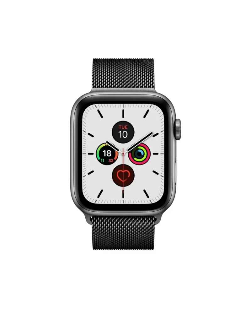 Space grey Apple Watch with black Milanese loop mesh band and white dial