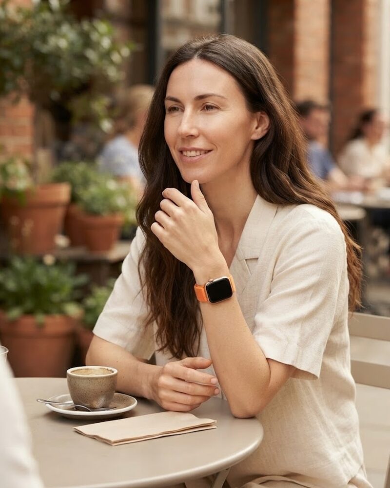 Woman wearing spicy orange sport loop smartwatch at outdoor cafe table