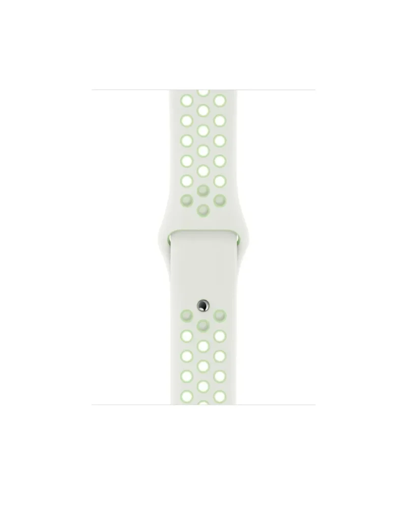 White and green perforated sport watch band with ventilation holes for athletic wear