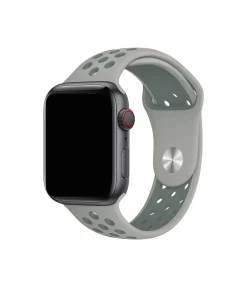 Smart watch with gray sport band and red digital crown on display