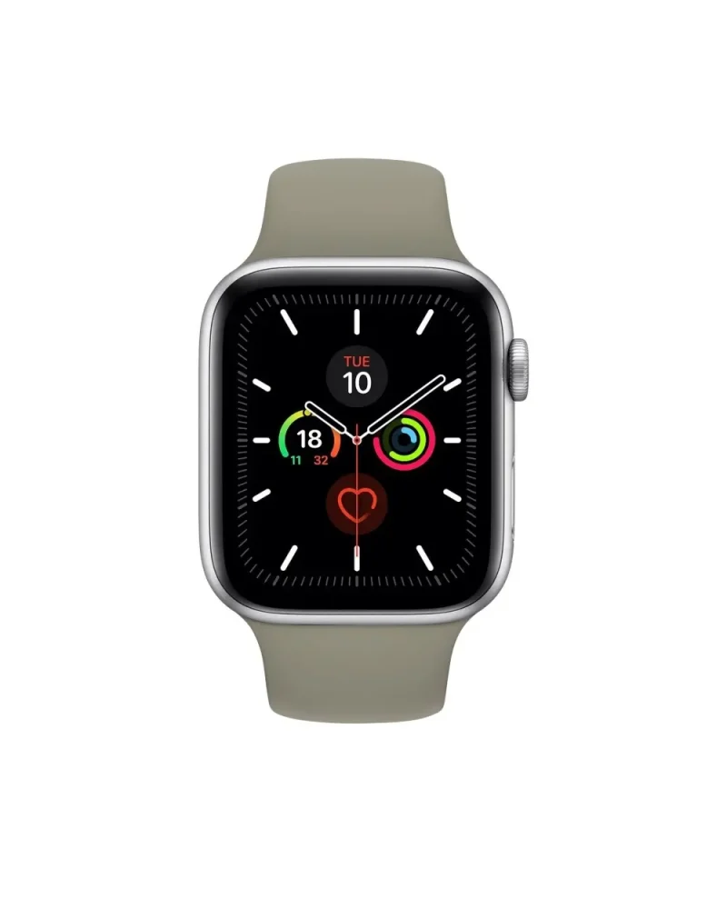 Silver aluminum smartwatch with stone sport band and health monitoring display