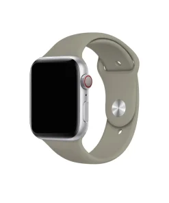 Silver Apple Watch with stone gray sport band and red digital crown