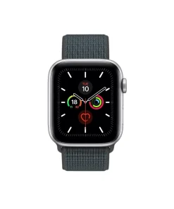 Silver smartwatch with storm grey sport loop band and fitness tracking display