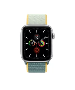 Apple Watch with sport loop band in sunshine yellow and gray woven fabric