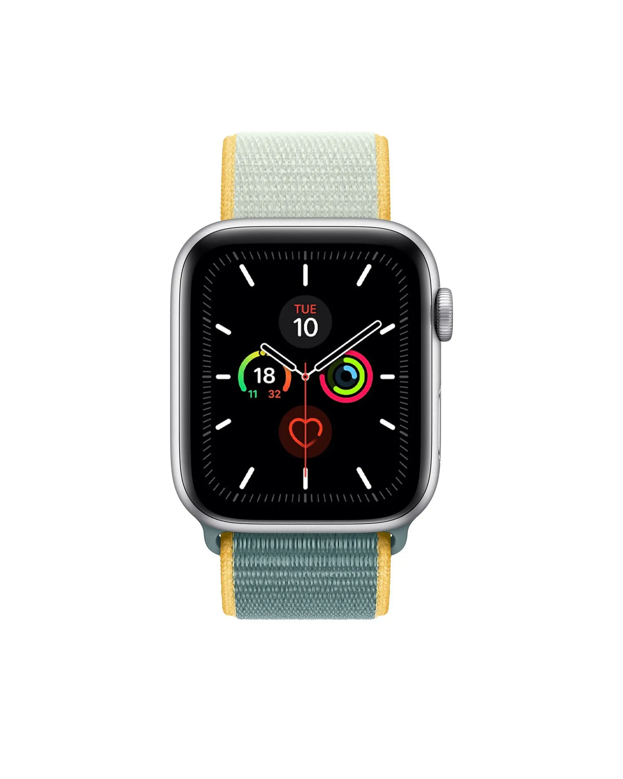 Apple Watch with sport loop band in sunshine yellow and gray woven fabric