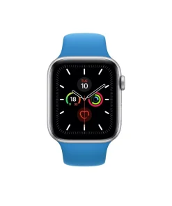 Silver smartwatch with blue sport band and activity tracking display
