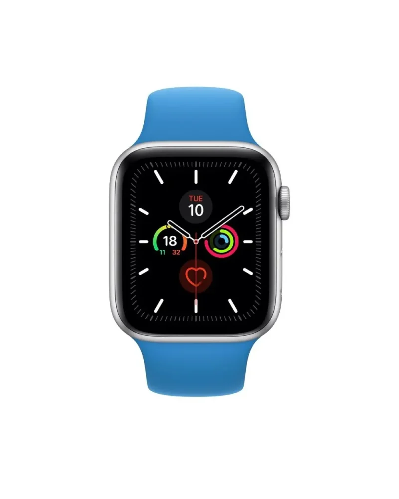 Silver smartwatch with blue sport band and activity tracking display
