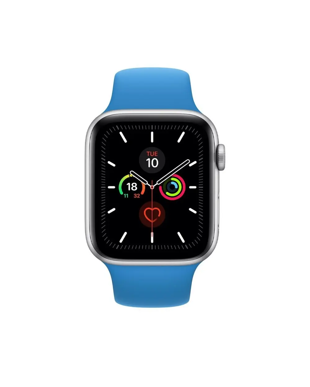 Silver smartwatch with blue sport band and activity tracking display