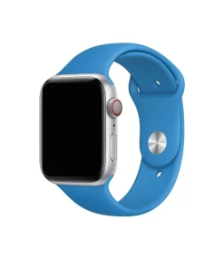 Silver Apple Watch with Surf Blue sport band and red digital crown