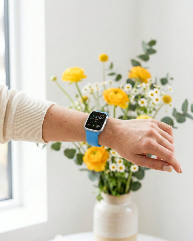 Woman wearing blue sport band smartwatch with yellow flowers background