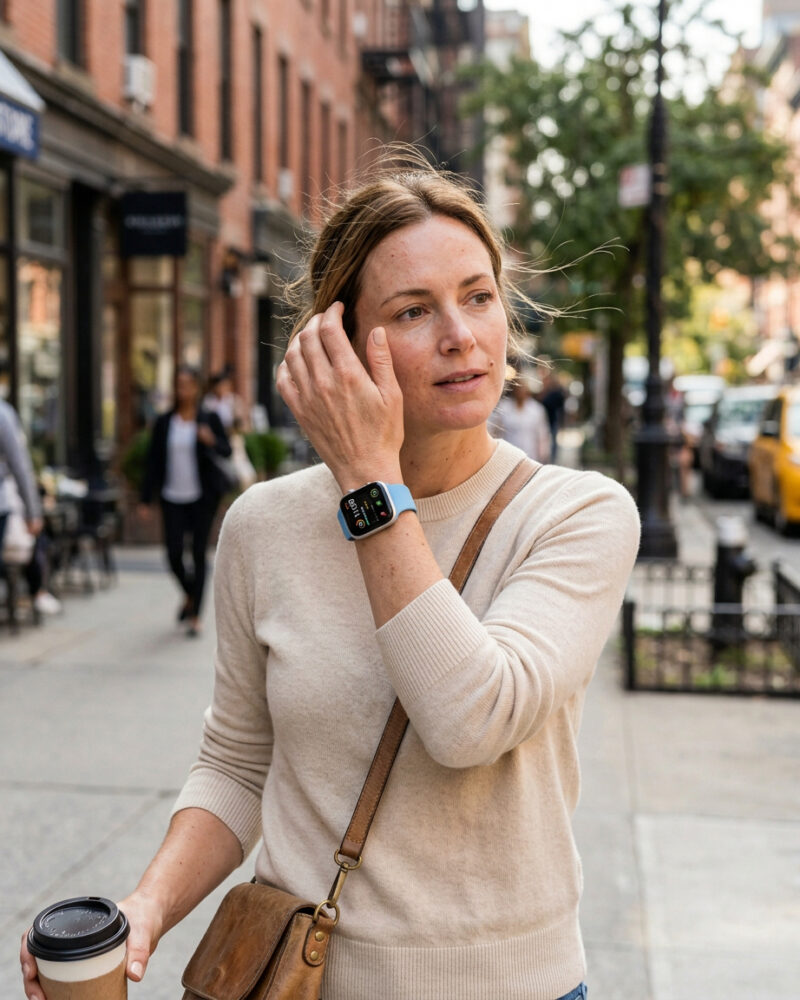 Woman wearing blue sport band smartwatch on urban city street