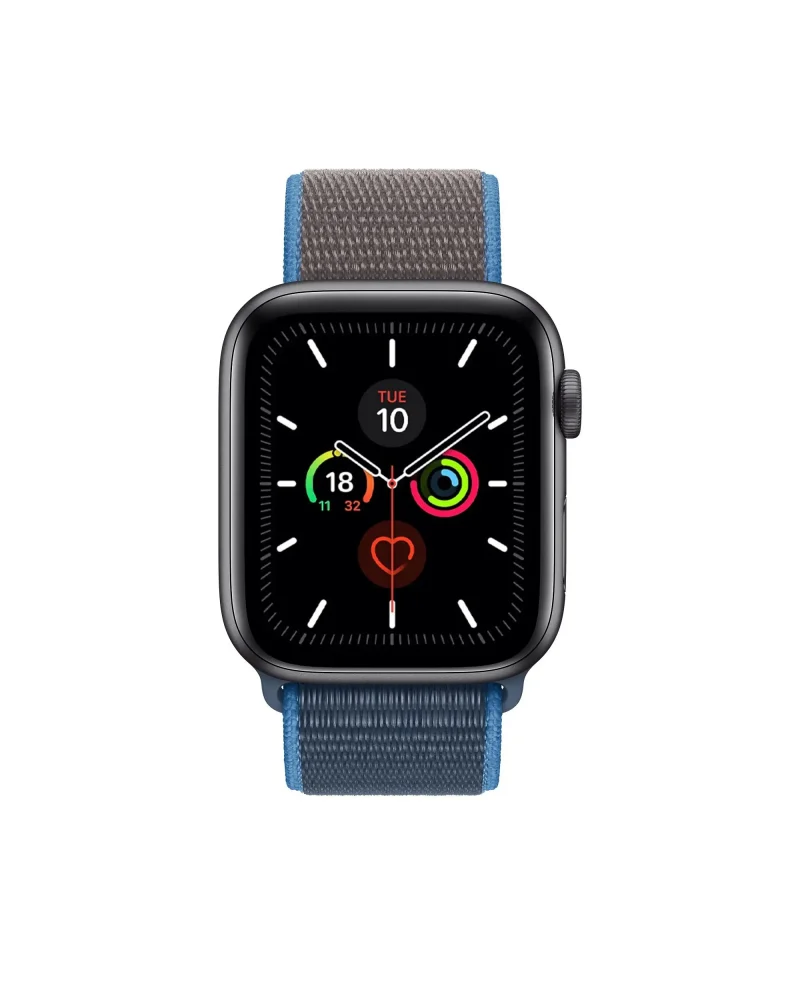 Black smartwatch with blue and gray sport loop band fitness tracker