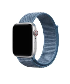 Silver Apple Watch with blue woven sport loop band and red digital crown