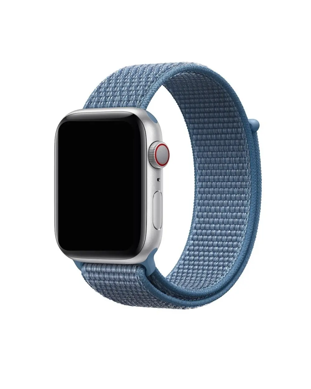 Silver Apple Watch with blue woven sport loop band and red digital crown