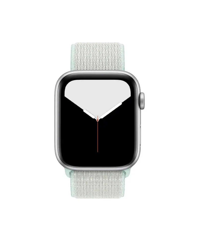 Apple Watch with teal sport loop band, silver aluminum case displayed