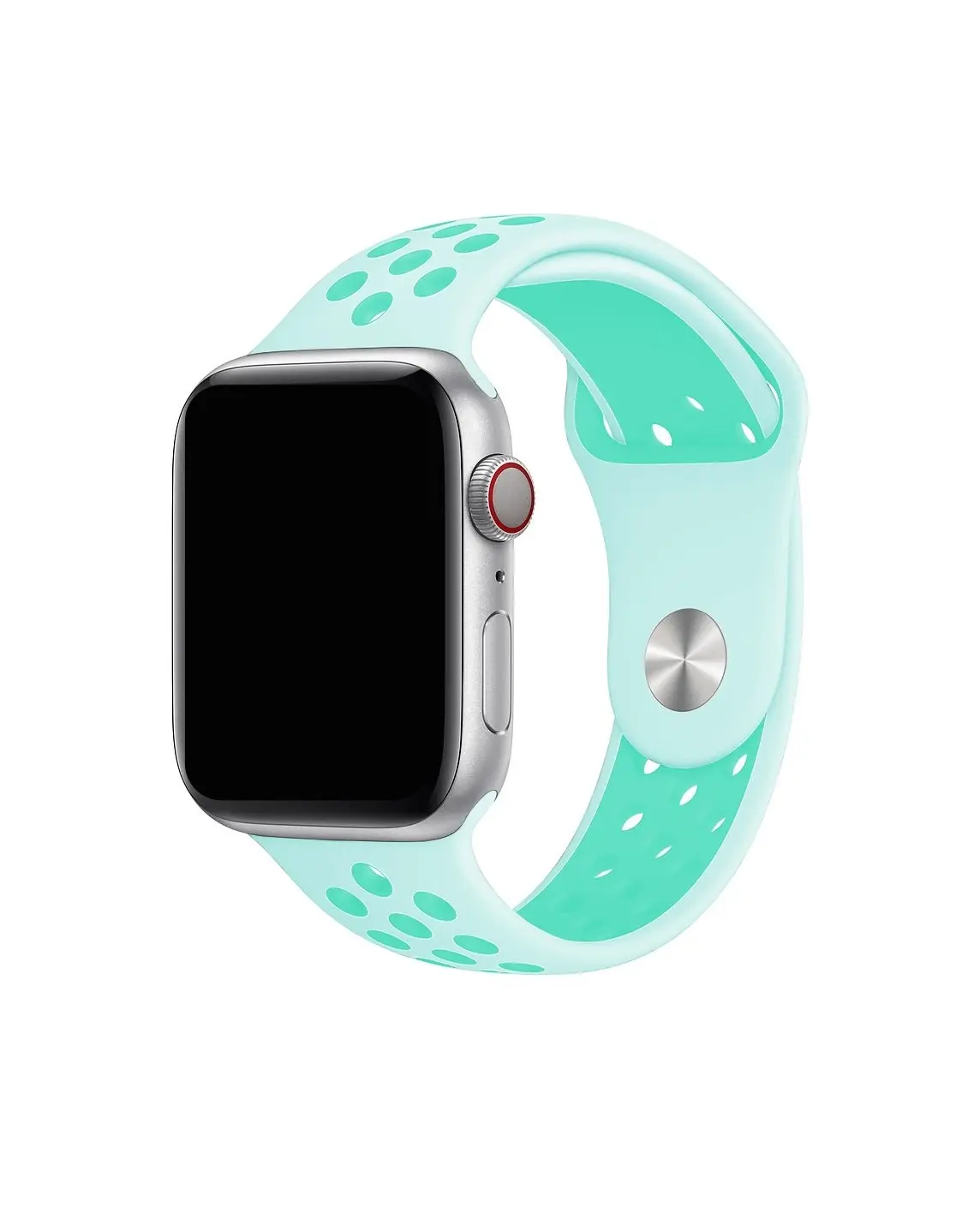 Mint green sport band for Apple Watch with perforated design and red crown