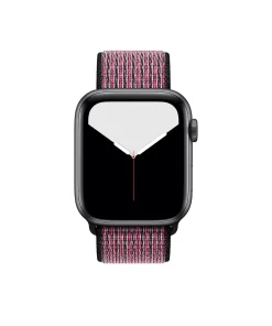 Black smartwatch with pink and black sport loop fabric band