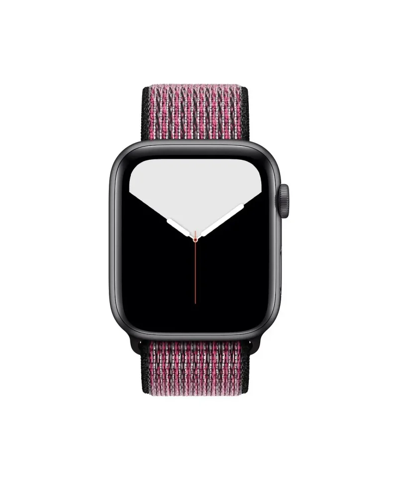 Black smartwatch with pink and black sport loop fabric band