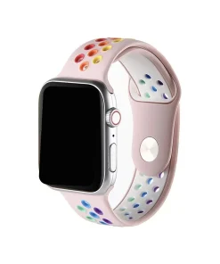 Pink sport band for Apple Watch with colorful rainbow pride holes