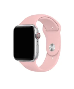 Silver smartwatch with vintage rose pink sport band and red crown