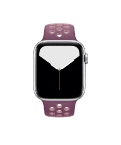 Silver smartwatch with violet sport band featuring perforated holes design