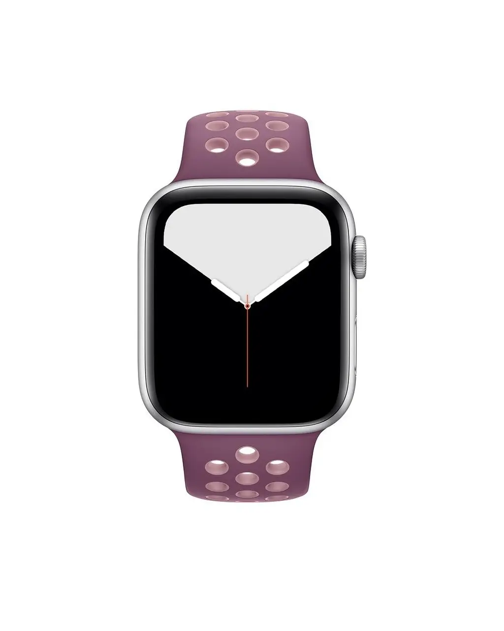 Silver smartwatch with violet sport band featuring perforated holes design