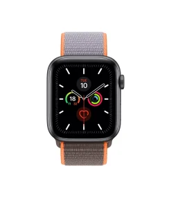 Black smartwatch with gray and orange sport loop band displaying health metrics