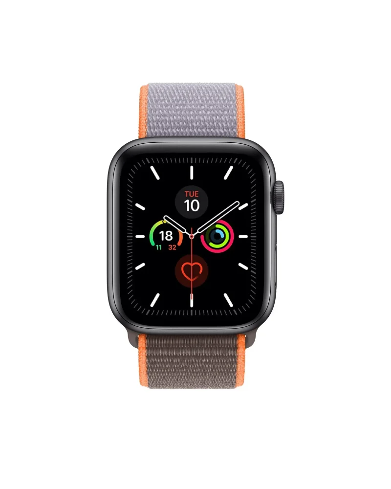 Black smartwatch with gray and orange sport loop band displaying health metrics