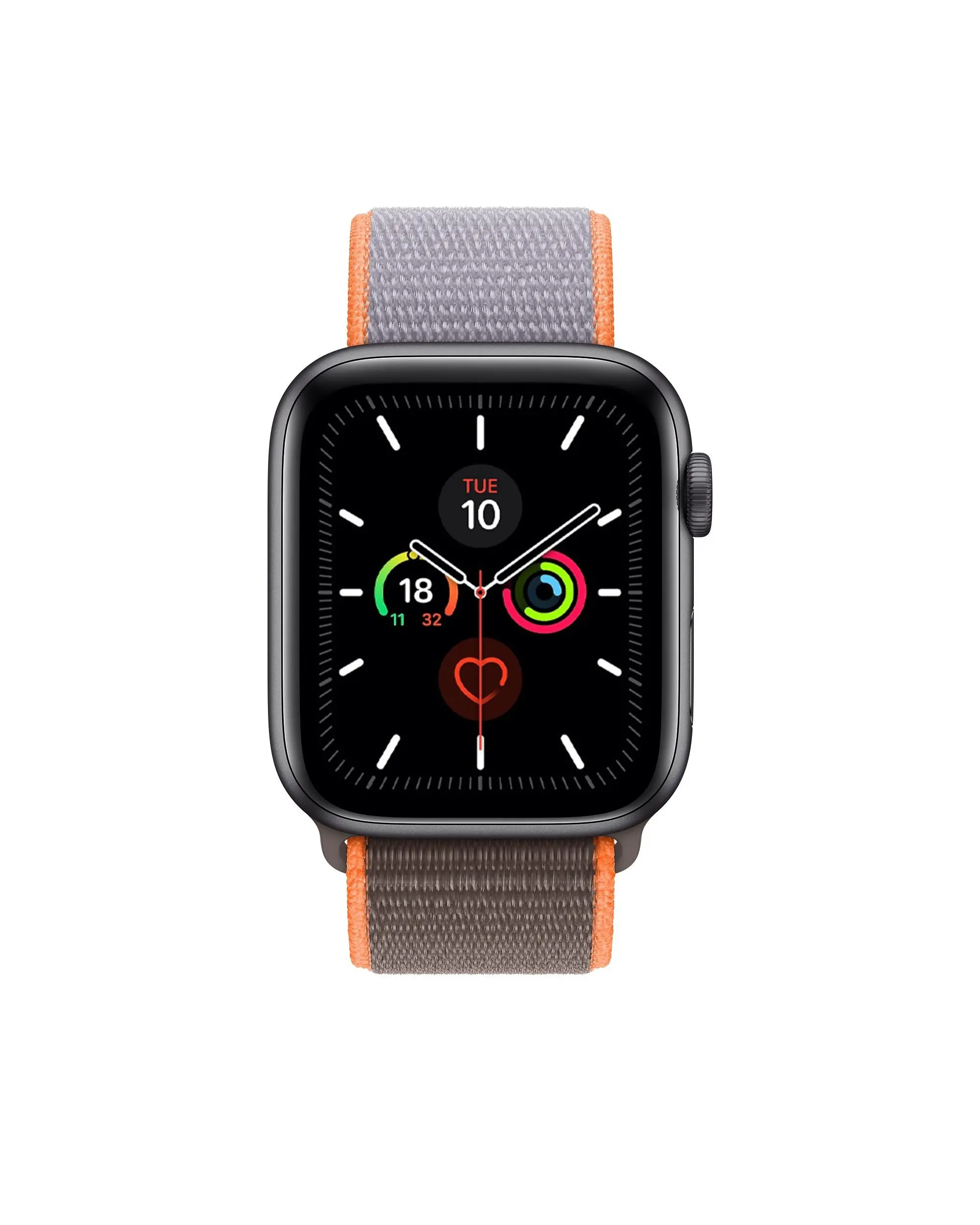 Black smartwatch with gray and orange sport loop band displaying health metrics