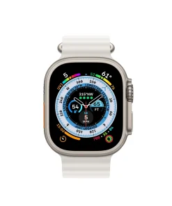 Stainless steel smartwatch with white sport band and compass dial display