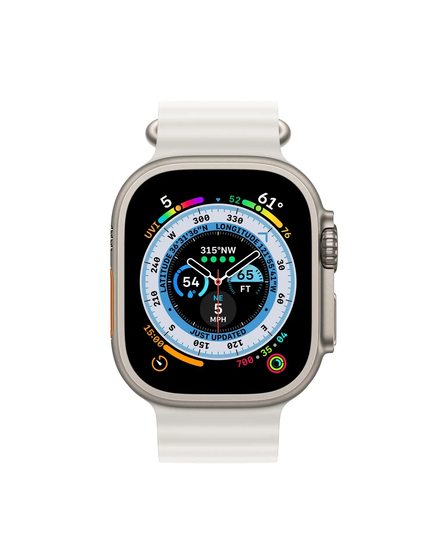 Stainless steel smartwatch with white sport band and compass dial display