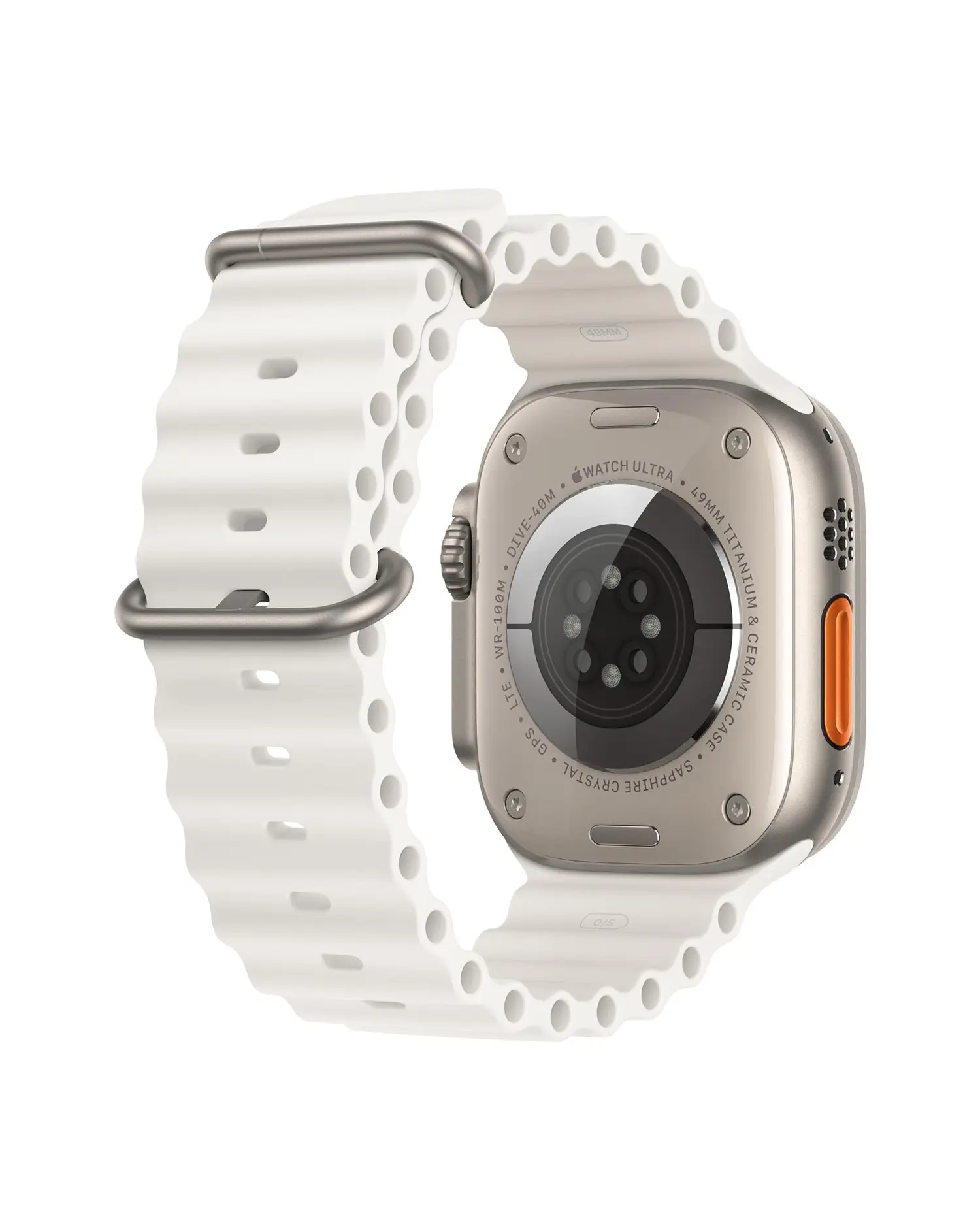 Apple Watch Ultra with white ocean band and titanium case