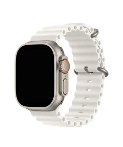 White silicone ocean band smartwatch with titanium case and orange accent button