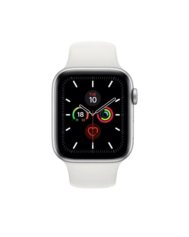 Silver smartwatch with white sport band and health tracking display