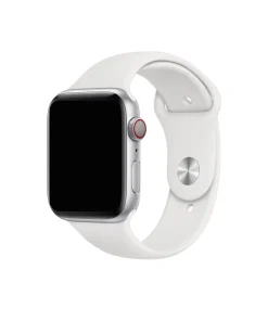 Silver aluminum smartwatch with white sport band and red digital crown