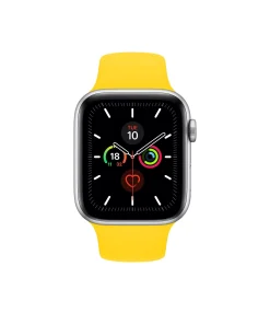 Apple Watch with yellow sport band and digital display showing time and health metrics