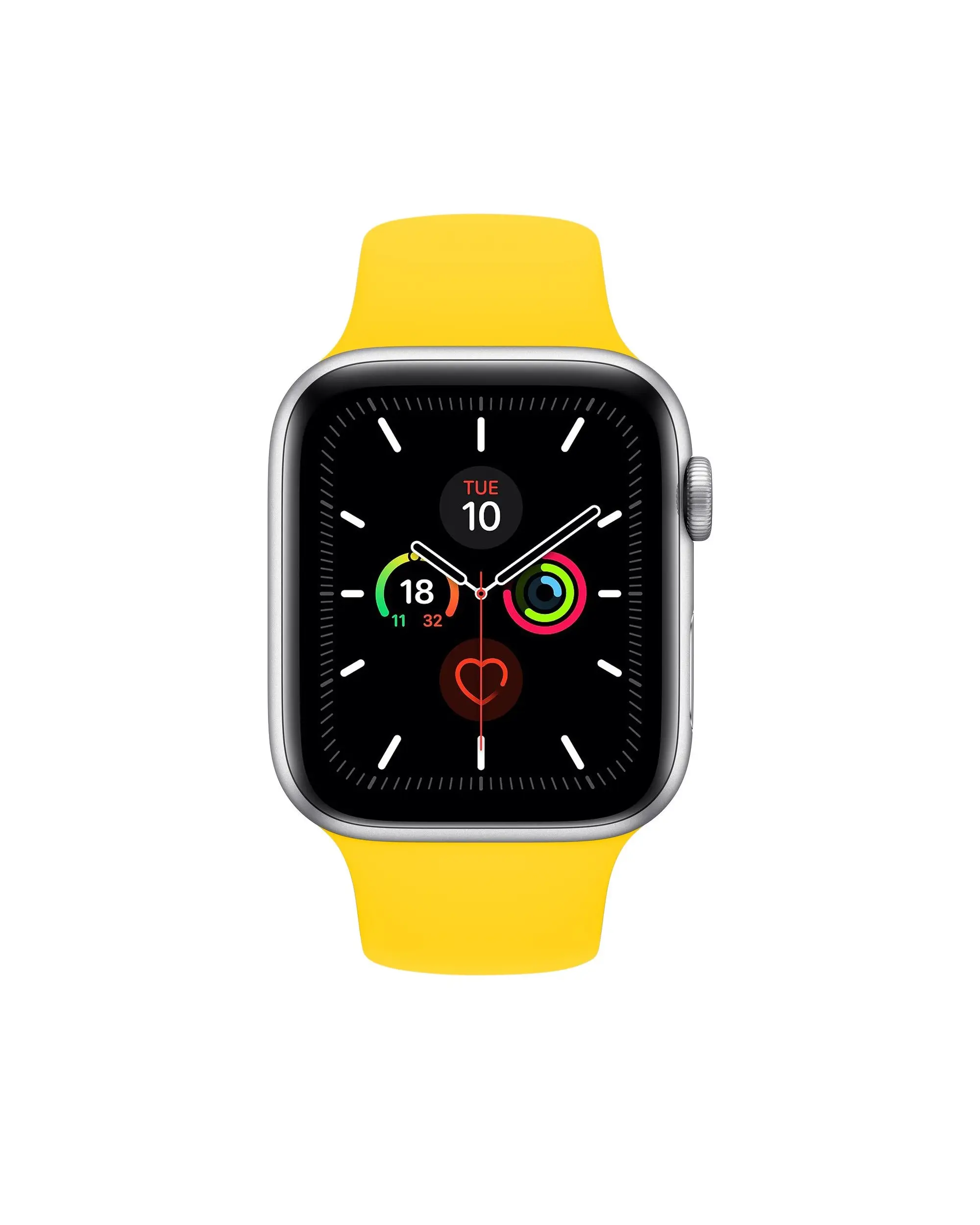 Apple Watch with yellow sport band and digital display showing time and health metrics