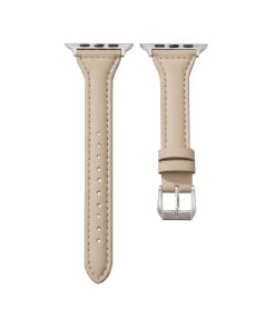 Beige leather Apple Watch band strap with silver buckle connector hardware