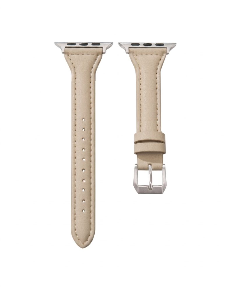 Beige leather Apple Watch band strap with silver buckle connector hardware