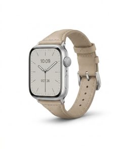 Apple Watch silver case apricot leather band strap, 38-49mm compatible