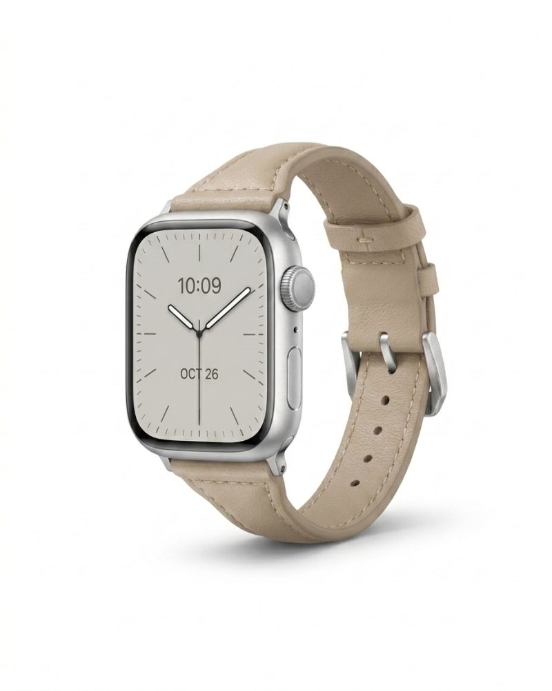 Apple Watch silver case apricot leather band strap, 38-49mm compatible