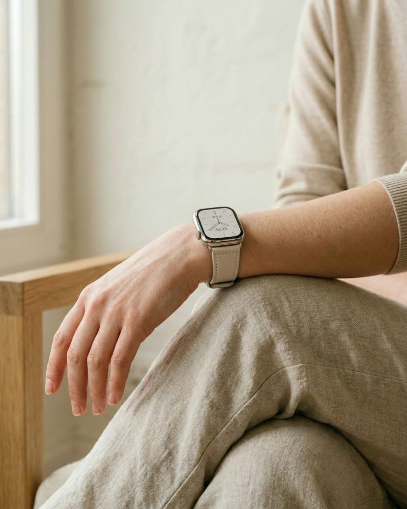 Woman wearing silver smartwatch with apricot leather strap on wrist