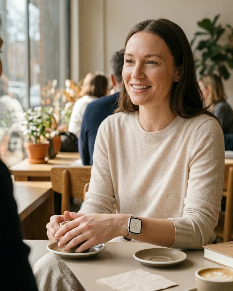 Woman wearing beige sweater with apricot leather strap smartwatch at café