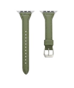 Olive green leather Apple Watch band with silver buckle connector hardware.