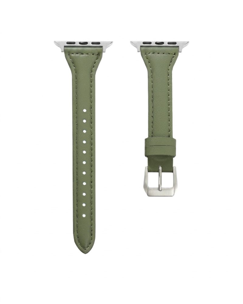 Olive green leather Apple Watch band with silver buckle connector hardware.