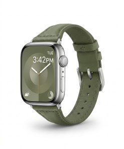 Apple Watch with avocado green leather strap band, silver case displayed