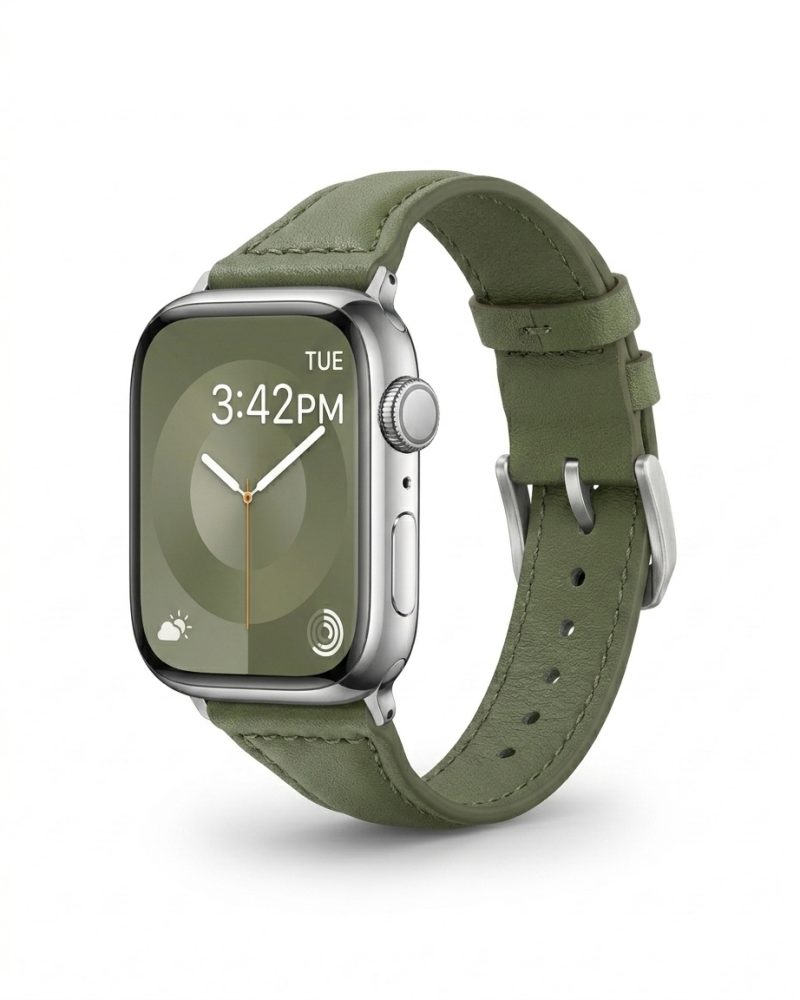 Apple Watch with avocado green leather strap band, silver case displayed
