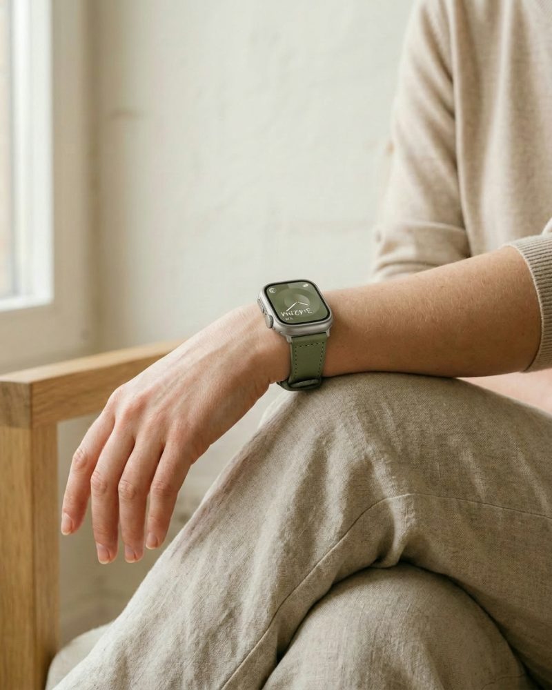 Woman wearing smartwatch with green avocado leather strap on wrist