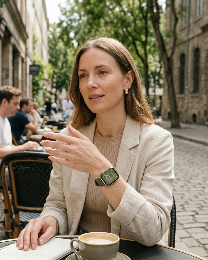 Woman wearing beige blazer with avocado leather strap smartwatch outdoors